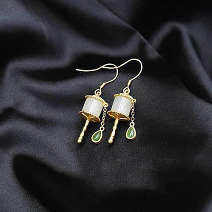 Mythstone 925 Sterling Silver Jade Prayer Wheel Luck Drop Earrings