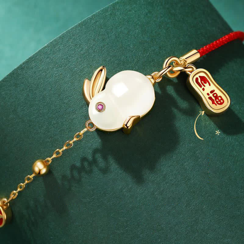 Mythstone Year of the Rabbit White Jade Happiness Red String Chain Bracelet