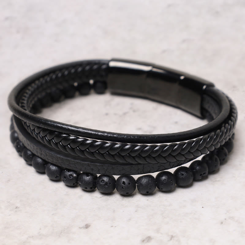 MythStone Natural Lava Rock Black Onyx Bead Leather Bracelet