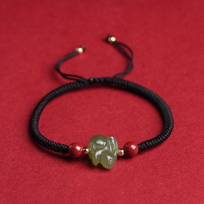 Pulsera de hilo de cuentas de cinabrio con forma de conejo de jade hetiano del año del conejo