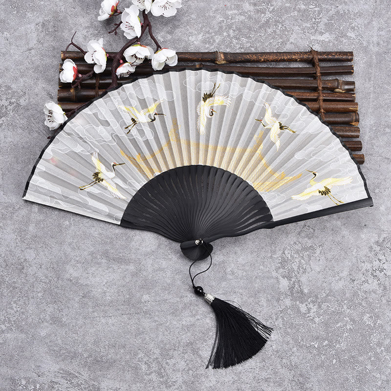 Mythstone Vintage Cloud Crane Pattern Handheld Bamboo Folding Fan