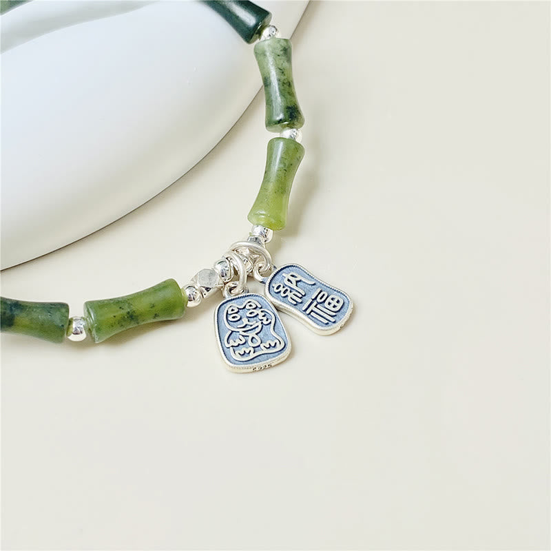 Mythstone 925 Sterling Silver Bamboo Jade Lucky Cat Fu Character Luck Abundance Bracelet