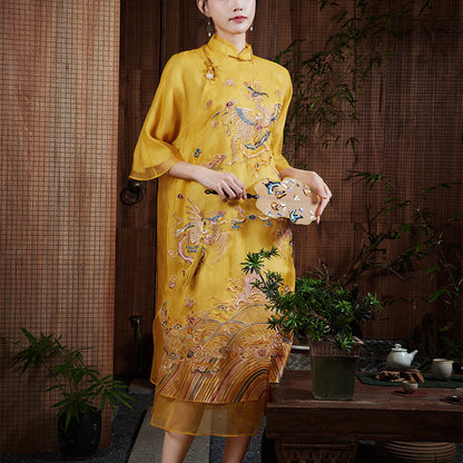 Mythstones 100% Mulberry Silk Organza Dress Embroidered Yellow Phoenix Qipao Cheongsam Dress