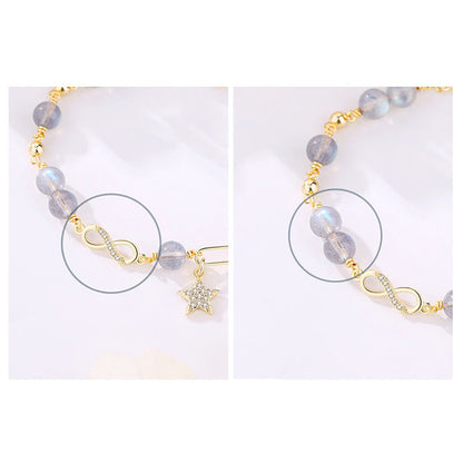 Mythstone 14K Gold Plated Natural Strawberry Quartz Moonstone Möbius Loop Eternal Love Star Positive Bracelet