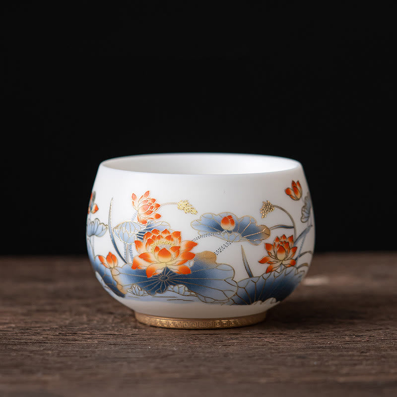 Mythstone Phoenix Dragon Lotus Deer Ancient Building Koi Fish Ceramic Teacup Kung Fu Tea Cups