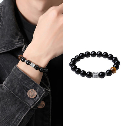 Pulsera de plata de ley 999 con obsidiana negra y ojo de tigre con Om Mani Padme Hum 