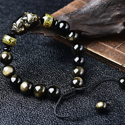 Mythstone Natural Gold Sheen Obsidian PiXiu Om Mani Padme Hum Wealth Braided Bracelet