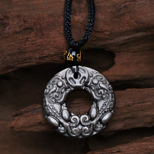 Mythstone Natural Silver Sheen Obsidian Double PiXiu Copper Coin Peace Buckle Protection Necklace Pendant