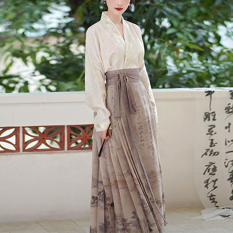 Mythstone V-Neck Long Sleeve Shirt Top Chinese Hanfu Ink Printing Landscape-Printed Horse Face Skirt Mamianqun