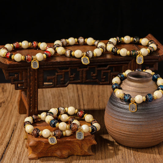 Mythstone Tibetan Zakiram Goddess of Wealth Charm Liuli Glass Incense Ash Porcelain Bead Protection Bracelet