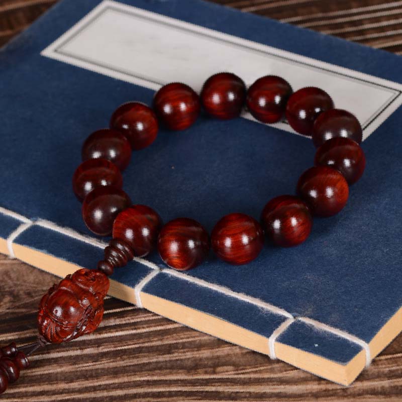 Mythstone Small Leaf Red Sandalwood Laughing Buddha God of Wealth Protection Bracelet