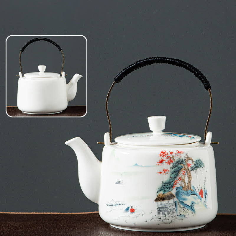 Mythstone Vintage Dragon Mountain Fisherman Landscape White Porcelain Ceramic Kung Fu Teapot