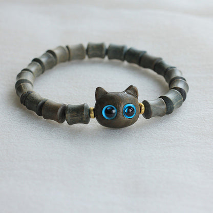 MythStone Ebony Wood Green Sandalwood Cute Cat Peace Bracelet