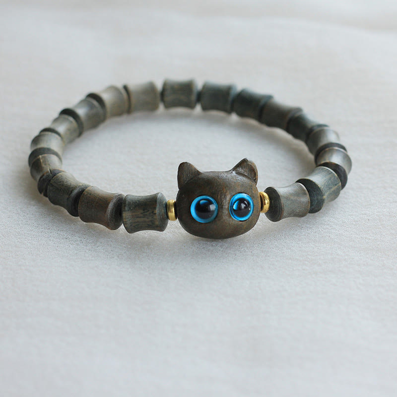 Pulsera de la paz con forma de gato adorable de madera de ébano y sándalo verde Mythstone