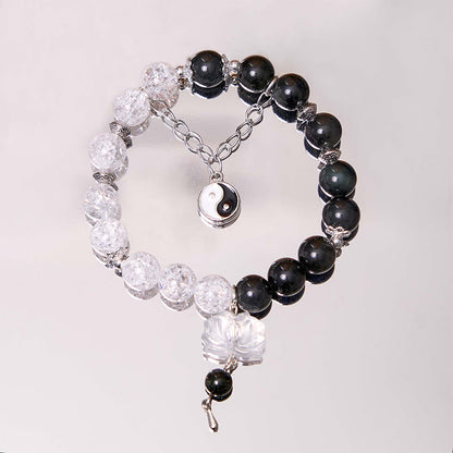 Mythstone Silver Sheen Obsidian Crackle Clear Quartz Black Rutilated Quartz Yin Yang Lotus Protection Bracelet