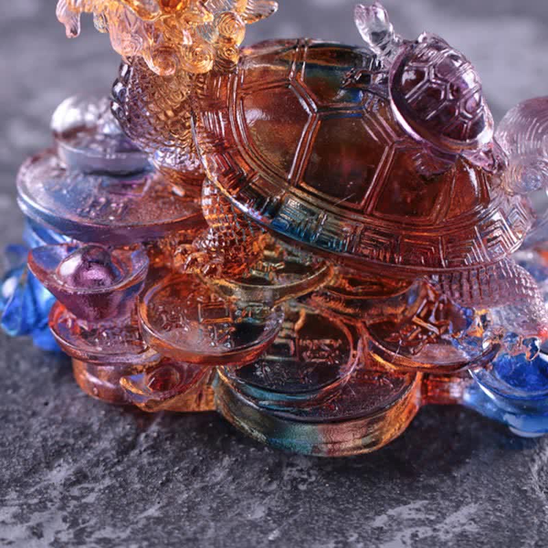 Mythstone Feng Shui Dragon Turtle Coins Handmade Liuli Crystal Luck Art Piece Home Office Decoration