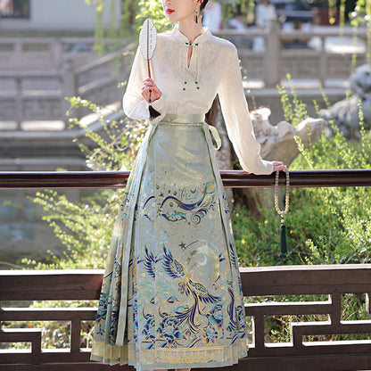 Mythstone Green Phoenix Printed Chinese Hanfu Horse Face Skirt Mamianqun