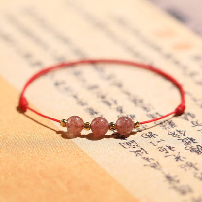 MythStone Natural Strawberry Quartz Crystal Love Red String Weave Bracelet Anklet