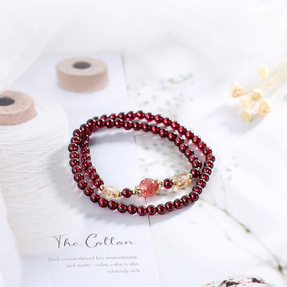 Mythstone 14K Gold Plated Natural Garnet Strawberry Quartz Butterfly Protection Double Wrap Bracelet