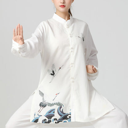 Mythstone White Crane Sea Cotton Linen Meditation Prayer Spiritual Zen Tai Chi Qigong Practice Clothing Set