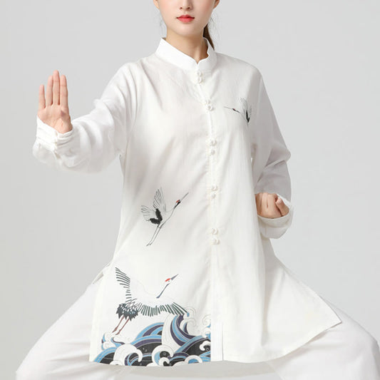 Mythstone White Crane Sea Cotton Linen Meditation Prayer Spiritual Zen Tai Chi Qigong Practice Clothing Set