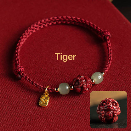 Mythstone Natural Cinnabar Chinese Zodiac Hetian Jade Fu Character Luck Rope Bracelet Bracelet Mythstone Tiger(Wrist Circumference 14-18cm)