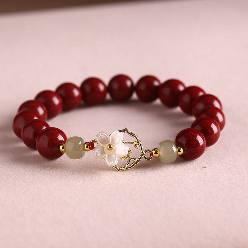 MythStone Natural Cinnabar Jade Beaded Tridacna Stone Flower Blessing Bracelet