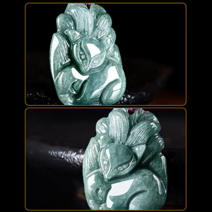 Mythstone Natural Green Jade Nine-Tailed Fox Engraved Prosperity Necklace Pendant