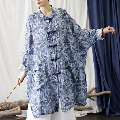 Mythstone Blue Flowers Butterfly Frog-Button Long Sleeve Ramie Linen Jacket Shirt With Pockets