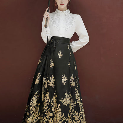 Mythstone Flowers Leaves Feathers Long Sleeve Shirt Top Chinese Hanfu Ming Dynasty Horse Face Skirt Mamianqun Skirt