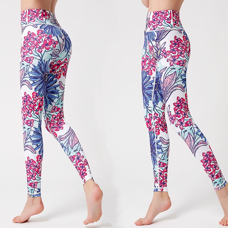 Mythstone Colorful Flower Petal Leaves Print Sports Exercise Fitness High Waist Leggings Women's Yoga Pants