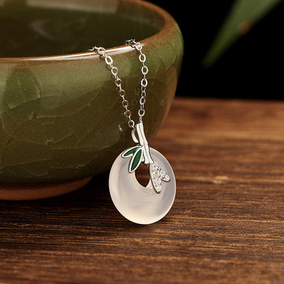 Mythstone 925 Sterling Silver Natural Chalcedony Bamboo Leaf Peace Buckle Positive Necklace Pendant