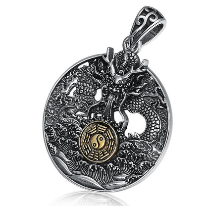 Colgante de collar con símbolo de la suerte y la fuerza del Bagua con ondas de dragón yin yang de Mythstone