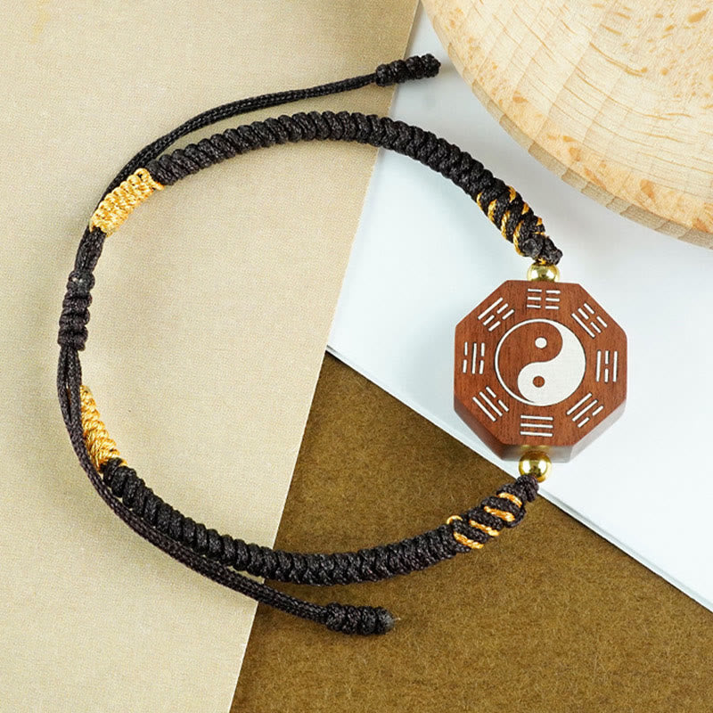 Mythstone Small Leaf Red Sandalwood Jujube Wood Ebony Wood Silver Inlaid Yin Yang Bagua Big Dipper Protection Bracelet