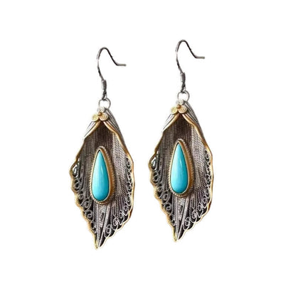 Mythstone 925 Sterling Silver Turquoise Bodhi Leaf Pattern Protection Drop Dangle Earrings