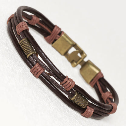 Mythstone Vintage Leather Wrist Band Brown Rope Layered Bracelet Bangle