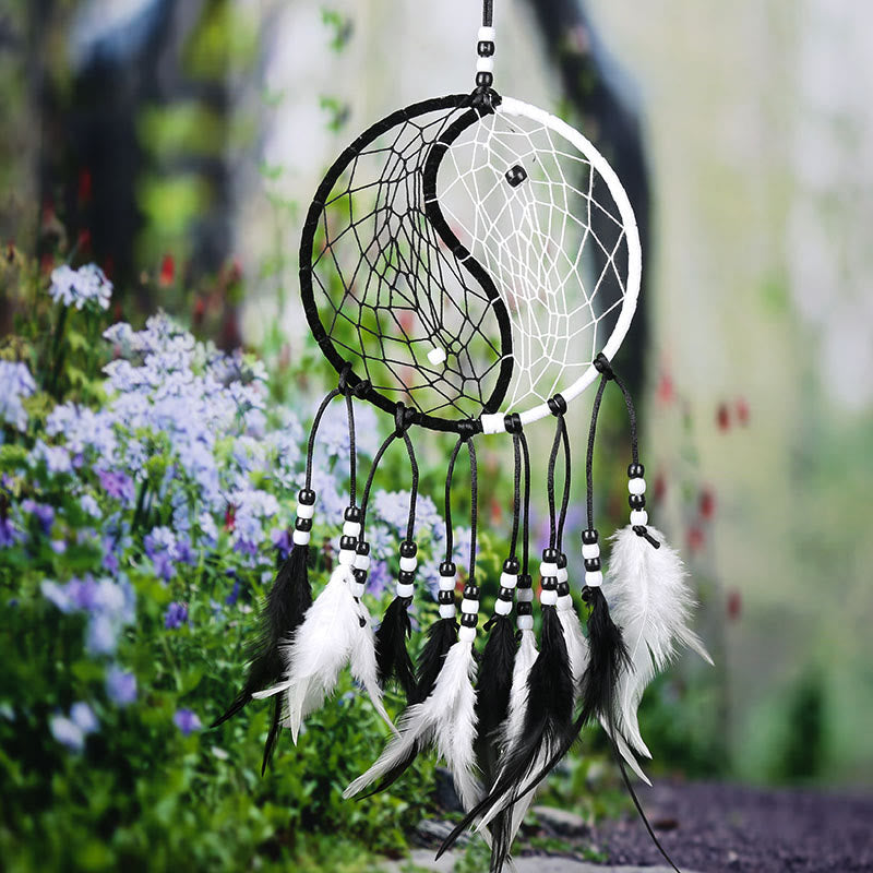 Mythstone Yin Yang  Dream Catcher Circular Net with Feathers Balance Decoration