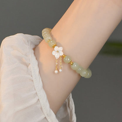 Mythstone 925 Sterling Silver Natural Hetian Jade Luck Flower Bracelet