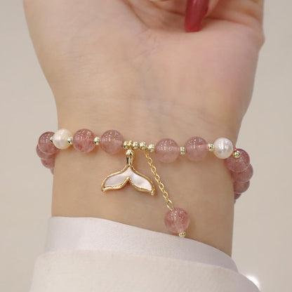 Mythstone Strawberry Quartz Pearl Elk Smiley Face Fishtail Fu Character Charm Healing Bracelet