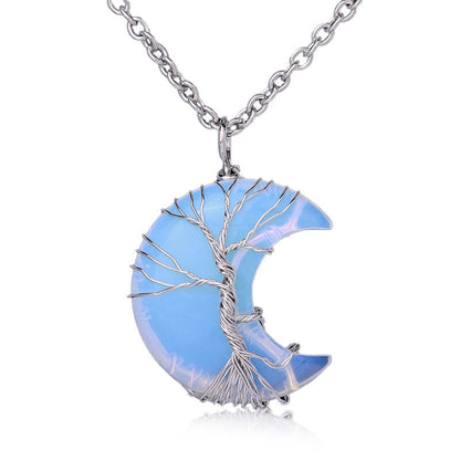 Mythstone Natural Quartz Crystal Moon Tree Of Life Healing Energy Necklace Pendant