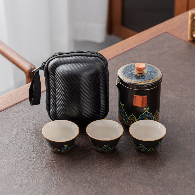 Mythstone Flower Chinese Gongfu Ceramic Teapot Portable Outdoor Travel Tea Set Bag