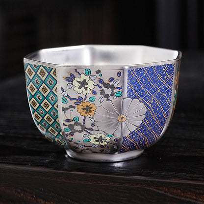 Mythstone 999 Sterling Silver Gilding Chrysanthemum Flowers Ceramic Teacup Kung Fu Tea Cup