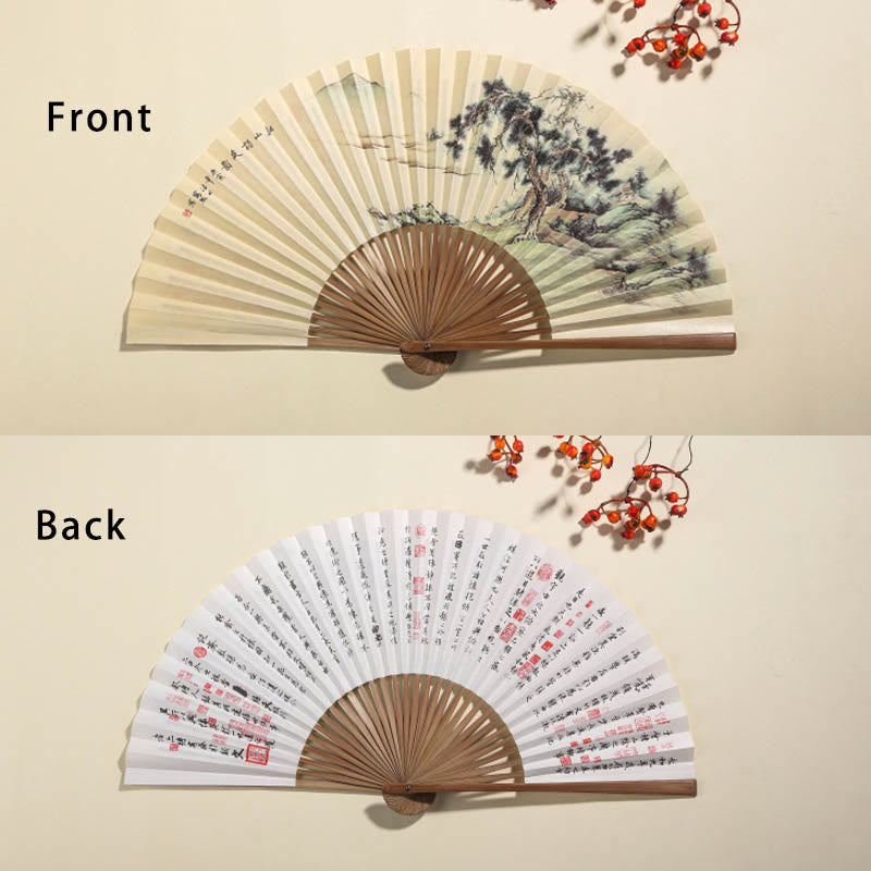 Mythstone Pine Tree Garden Peony Handheld Paper Bamboo Folding Fan 26cm