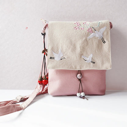 Mythstone Handmade Embroidered Plum Flowers Canvas Crossbody Bag Shoulder Bag Handbag