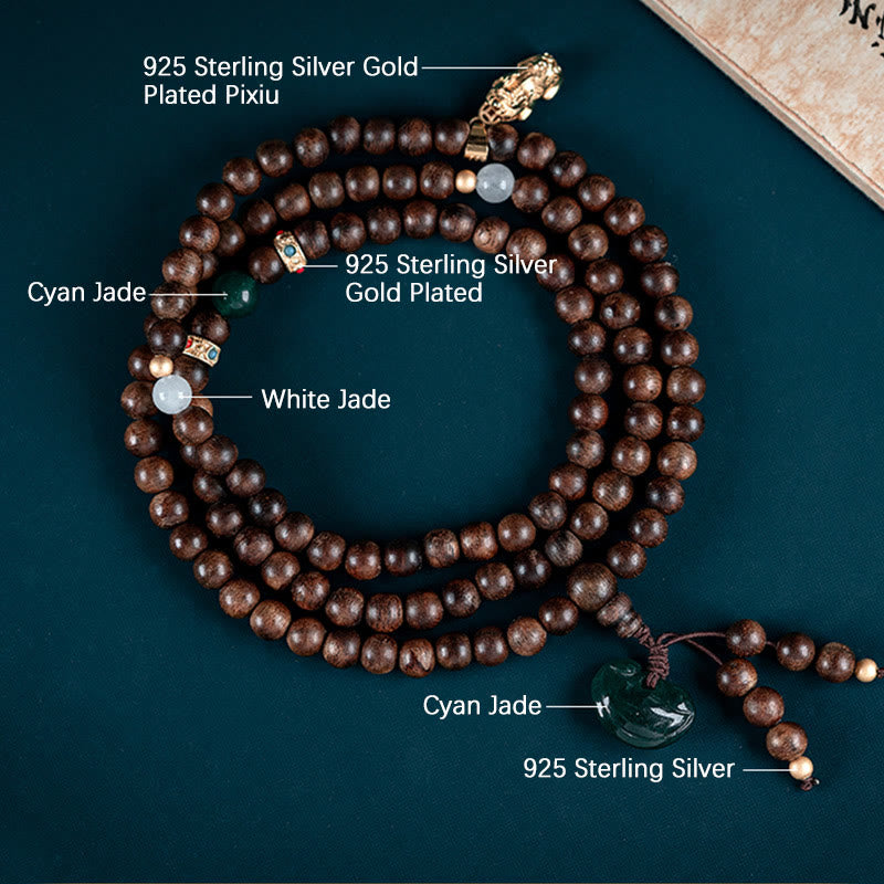 Mythstone 108 Mala Beads Kalimantan Agarwood Laughing Buddha Peace Buckle Red Agate Jade Strength Bracelet