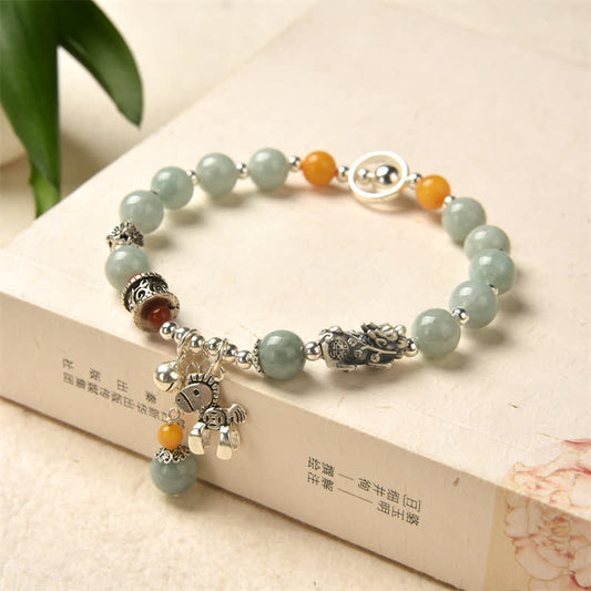 MythStone 925 Sterling Silver Natural Jade Amber PiXiu Pony Success Bracelet