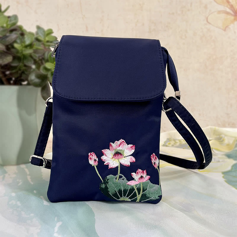 Mythstone Waterproof Handmade Embroidered Lotus Flowers Crossbody Bag Shoulder Bag Cellphone Bag