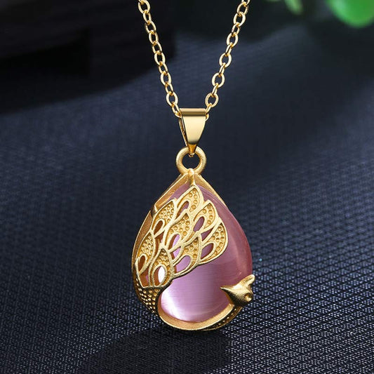 Mythstone Pink Crystal Green Chalcedony Peacock Copper Soothing Love Necklace Pendant