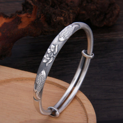 Mythstone 999 Sterling Silver Koi Fish Lotus Wealth Luck Bracelet Bangle