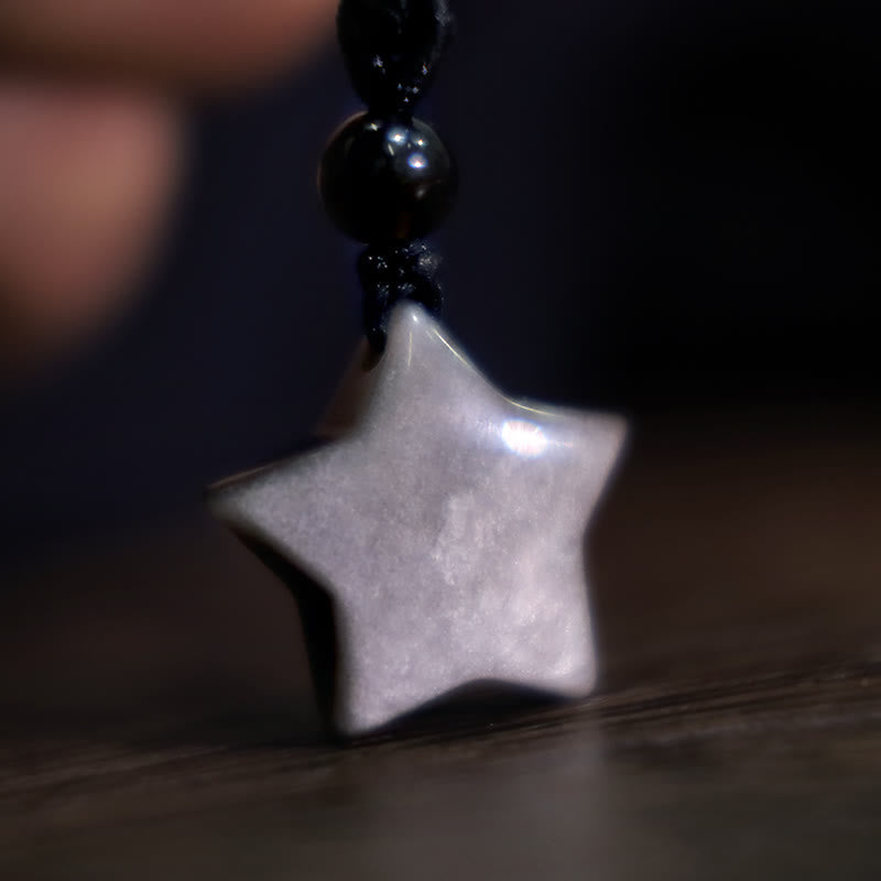 Collar con colgante de protección de luna creciente y estrella de obsidiana con brillo plateado natural Mythstone